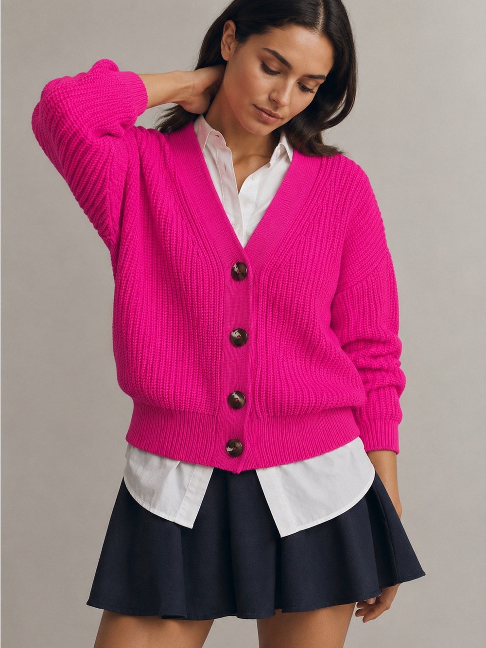 Anthropologie Maeve Hot Pink Chunky Knit Cropped Cardigan Sweater - Picture 11 of 11